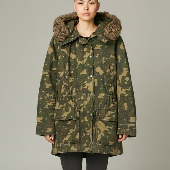Vintage GAP Camo Anorak Jacket Womens Sz M Grunge Punk Stained Military Faux Fur - Picture 1 of 16